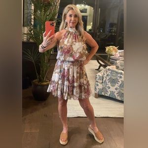 Sweet Lemon Floral Print Halter Dress, Color: Tan Size Medium NWT